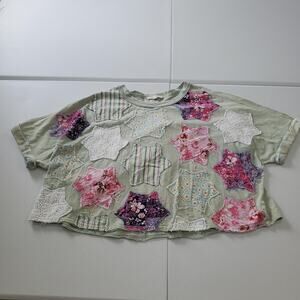 Oli & Hali Star Shirt Womens Medium Green Patchwork Floral Crop Boxy Boho Top